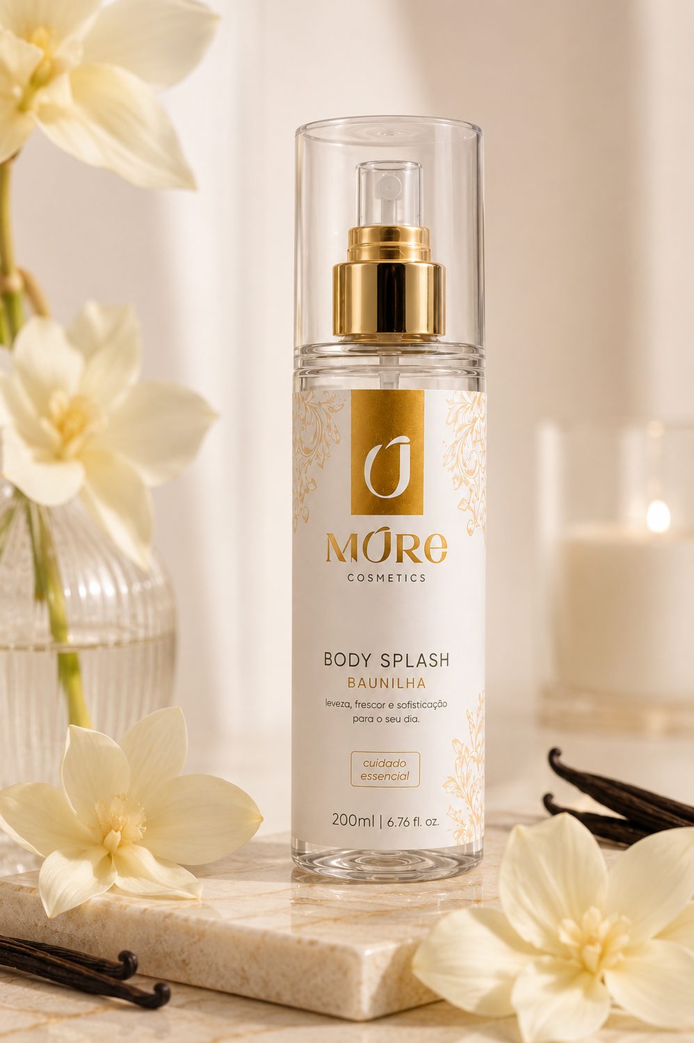 Mûre Cosmetics Vanilla Body Splash on a marble surface with vanilla beans and white flowers